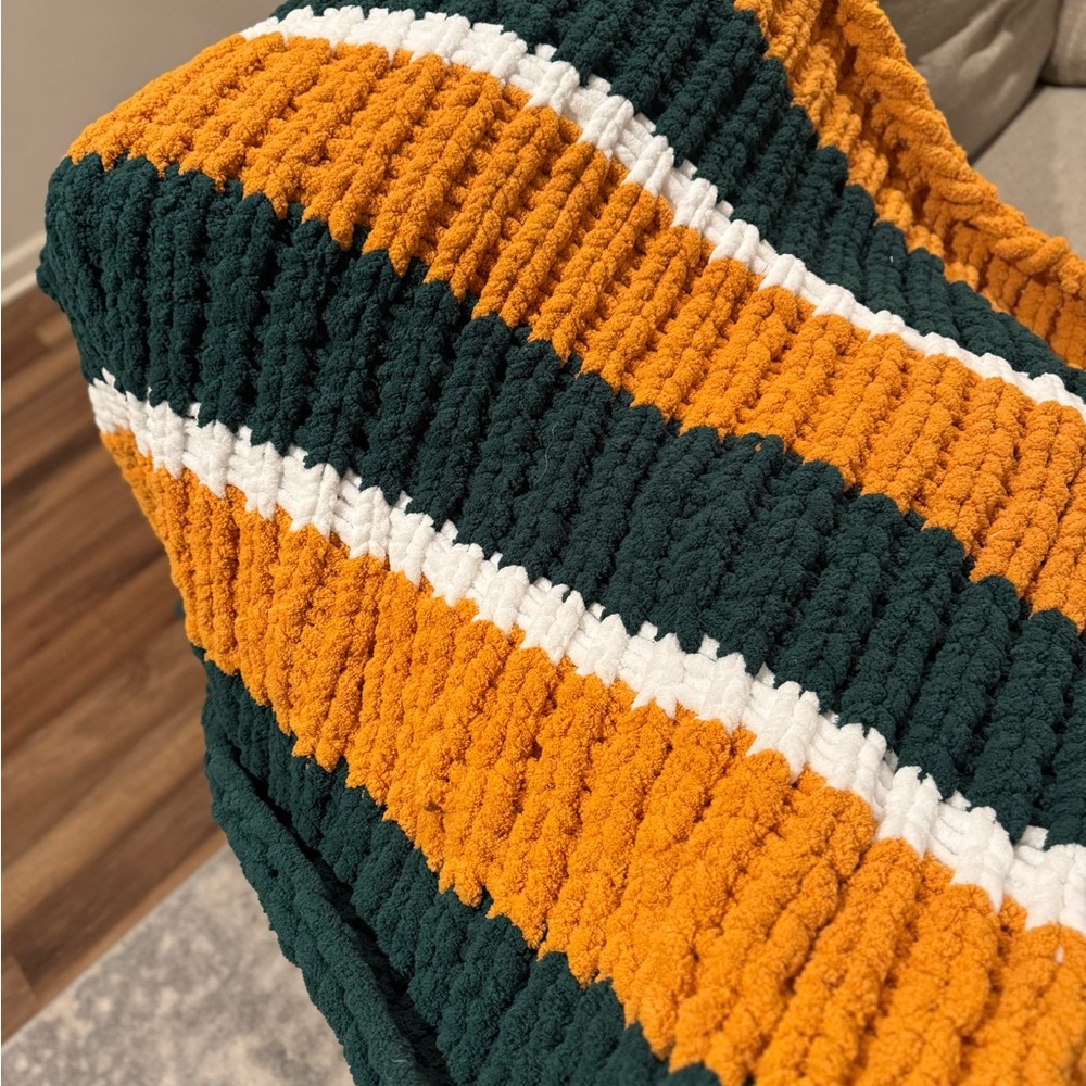 Striped Chunky Knit Blanket in Green, Gold, and White